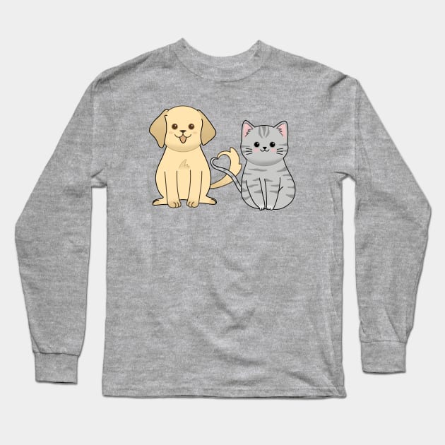 Cute chubby cat and dog with heart tail Long Sleeve T-Shirt by ballooonfish